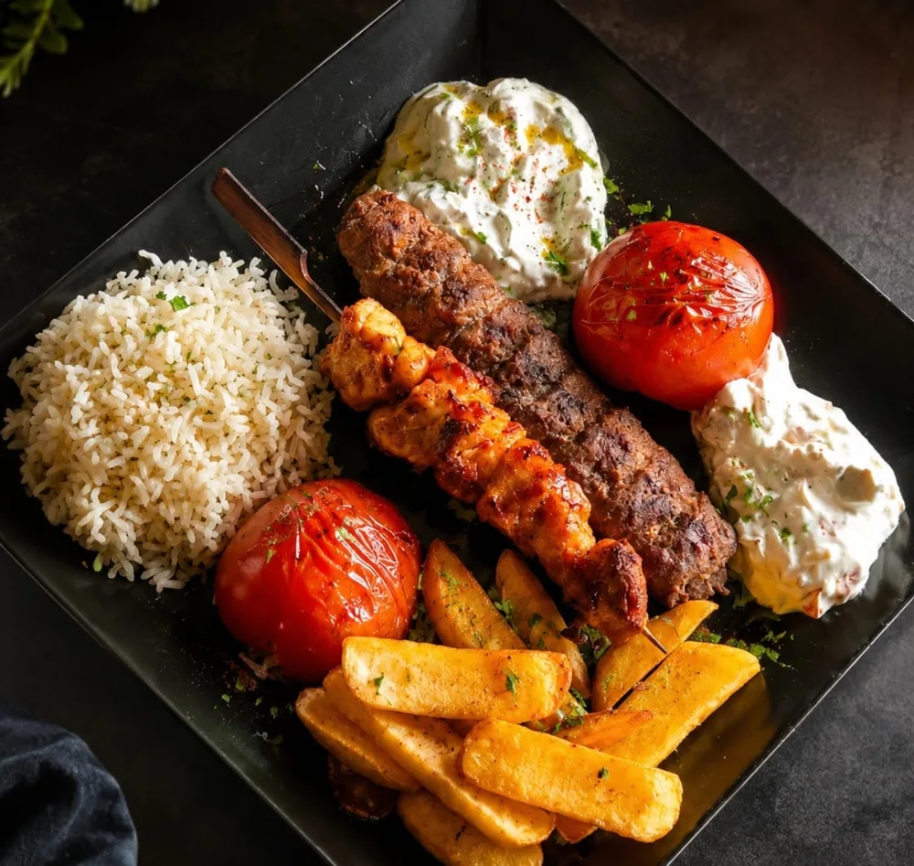 ADANA KEBAB 2 X RIND/LAMM HACKFLEISCHSPIESS MIT REIS, STEAKFRIES, TZATZIKI, AUBERGINENSALAT